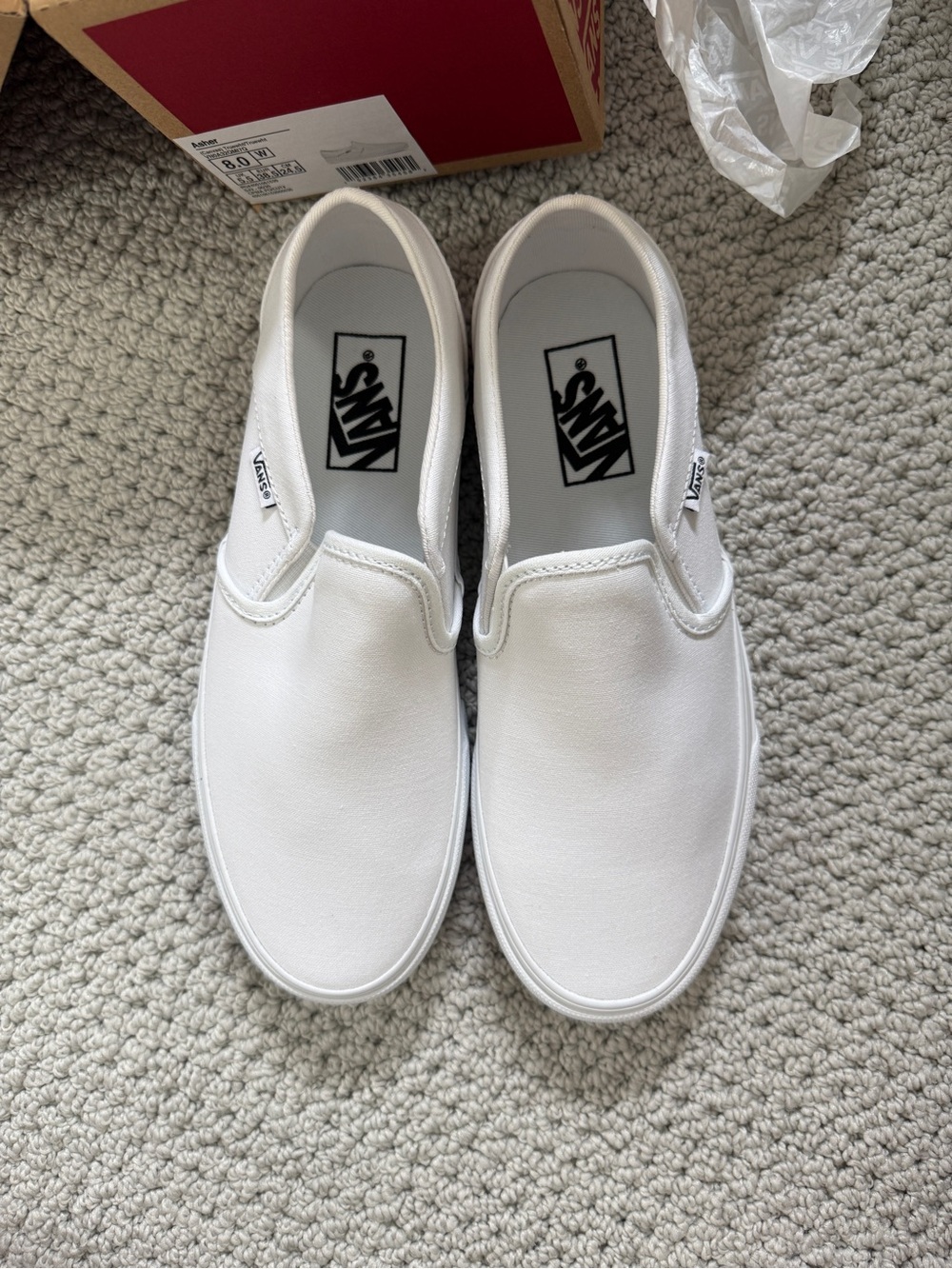 Vans Asher Slip-On Sneaker, White Canvas, Size 8 Women’s